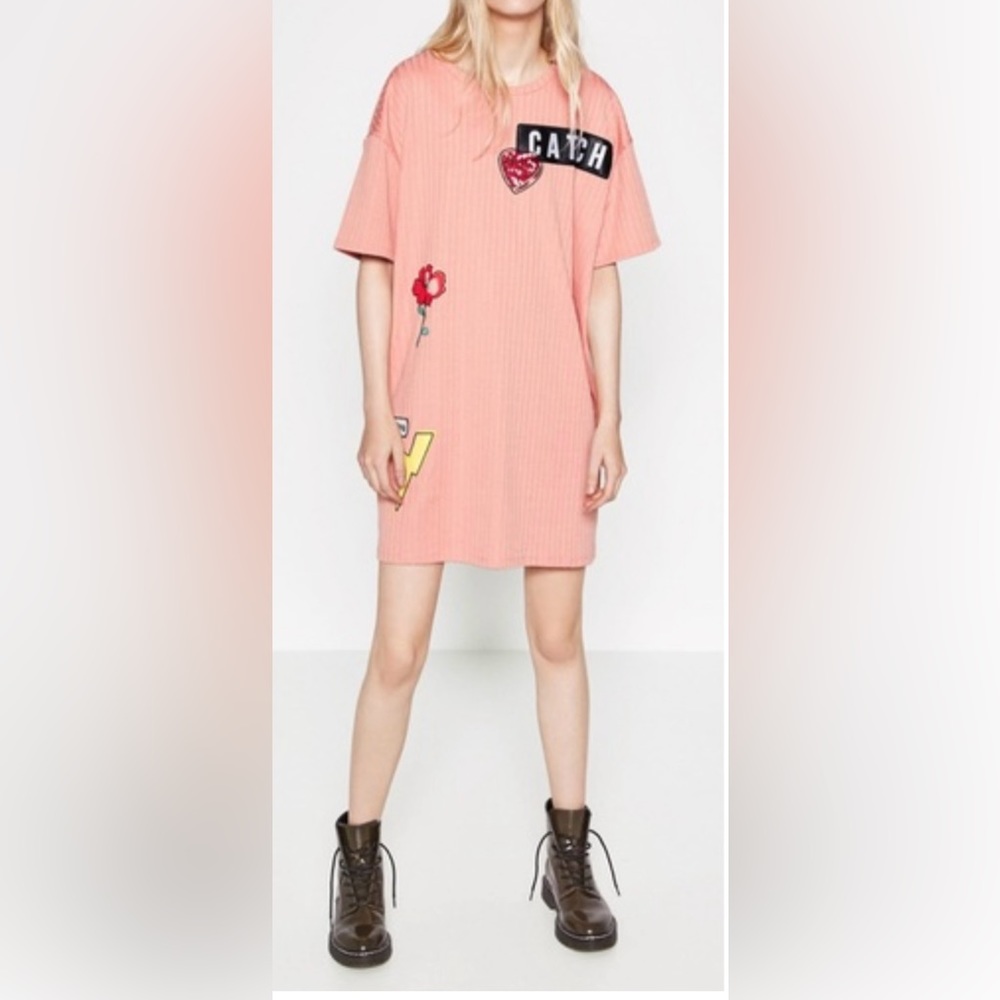 Zara Pink Patchwork Ribbed Tunic Shirt Dress - Size M